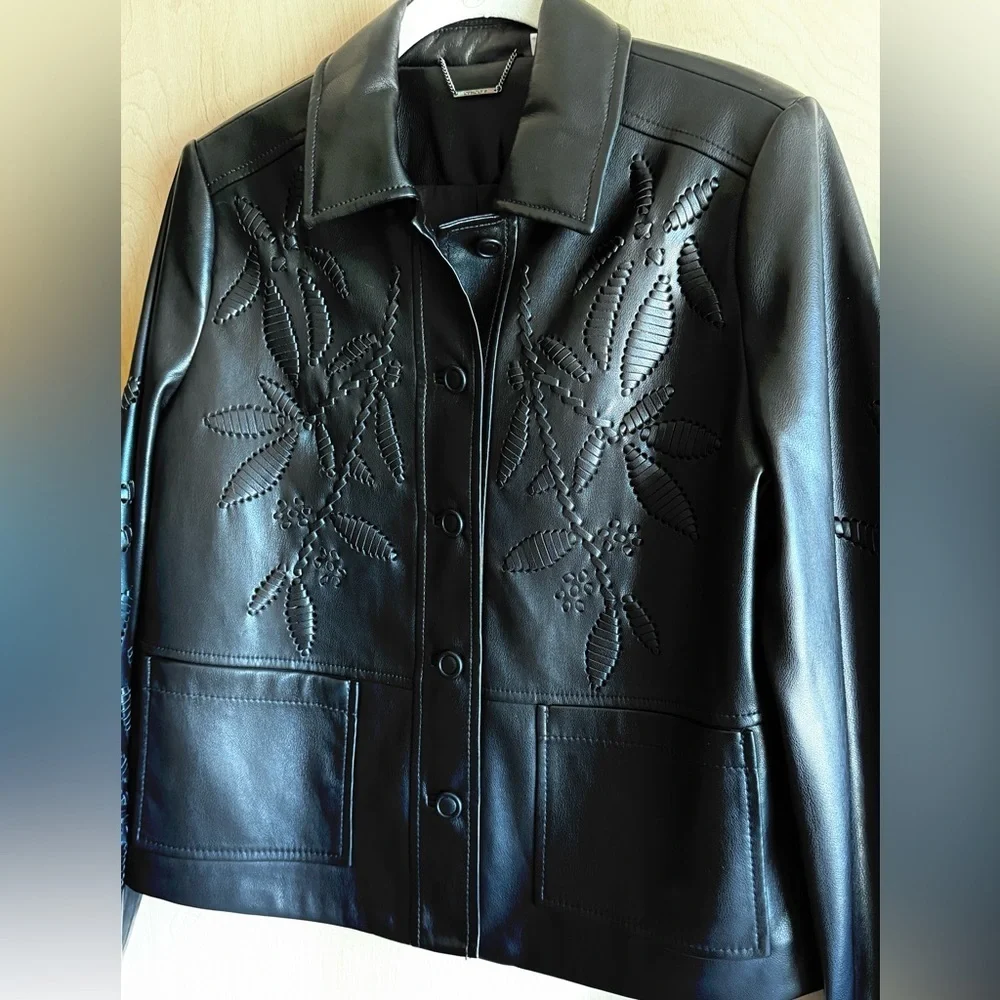 Chico’s Faux Leather Cropped Jacket Black Cutwork Detail Women’s S (US 6)